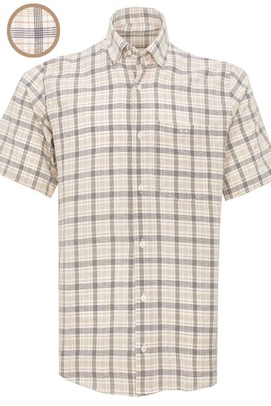 Men's White-Cream Classic Cut Buttoned Collar Checked Short Sleeve Shirt - photo 2