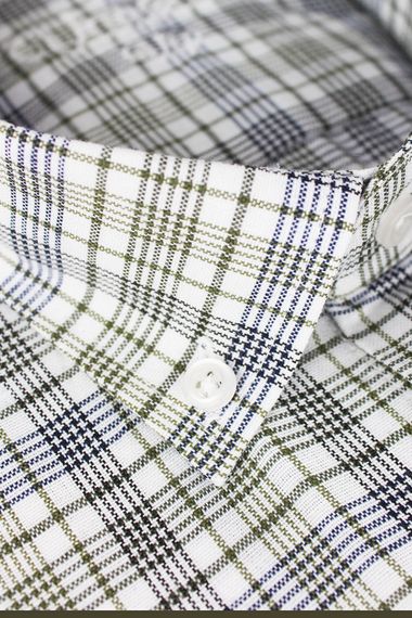 Men's White-Green Classic Cut Buttoned Collar Check Short Sleeve Shirt - photo 3