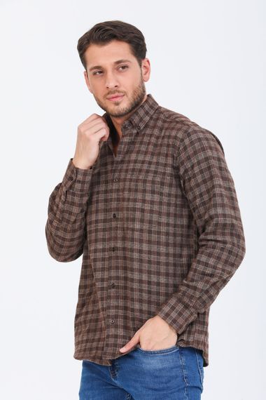 Varetta Men's Brown Long Sleeve Check Collar Buttoned Winter Shirt - photo 1