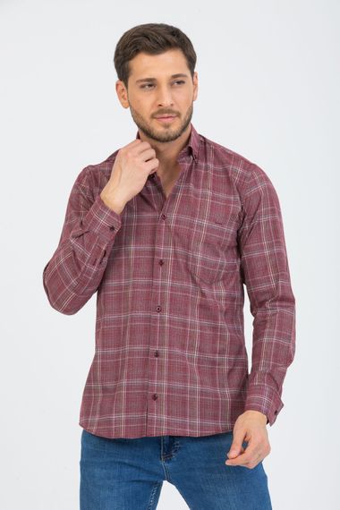 Varetta Men's Claret Red Checked Sleeve Classic Cut Collar Buttoned Shirt - photo 1