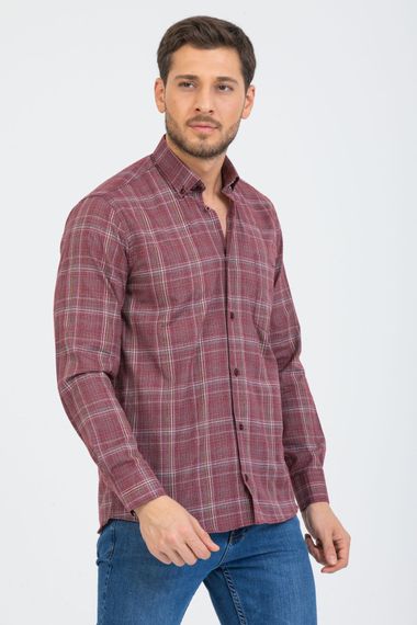 Varetta Men's Claret Red Checked Sleeve Classic Cut Collar Buttoned Shirt - photo 3