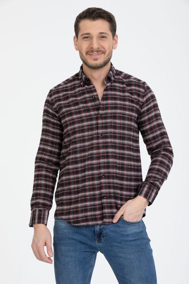 Varetta Men's Black Claret Red Check Collar Buttoned Winter Shirt - photo 1