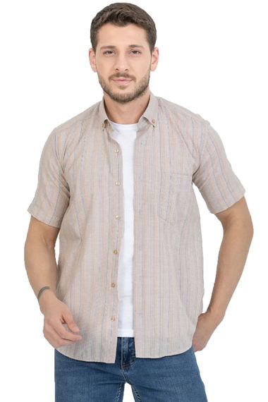 Varetta Men's Beige Short Sleeve Striped Summer Cotton Shirt - photo 1