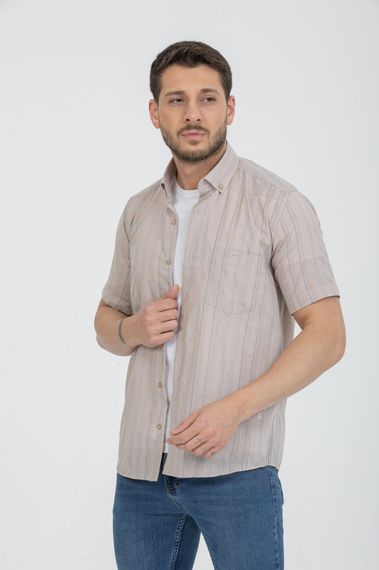 Varetta Men's Beige Short Sleeve Striped Summer Cotton Shirt - photo 3