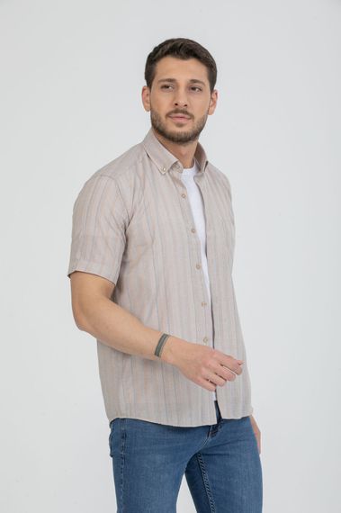 Varetta Men's Beige Short Sleeve Striped Summer Cotton Shirt - photo 2