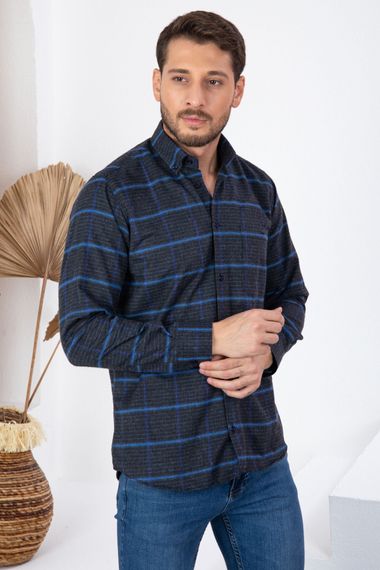 Varetta Men's Navy Blue Striped Winter Pocketed Long Sleeve Classic Cut Shirt - photo 1