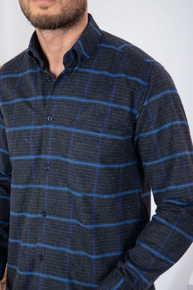 Varetta Men's Navy Blue Striped Winter Pocketed Long Sleeve Classic Cut Shirt - photo 4