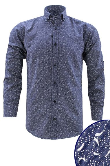 Men's Slim Fit Navy Blue Patterned Sleeve-Covered Men's Shirt - photo 2