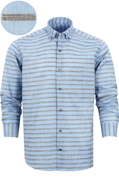 Men's Blue Classic Cut Patterned Single Pocket Collar Buttoned Long Sleeve Shirt - photo 2