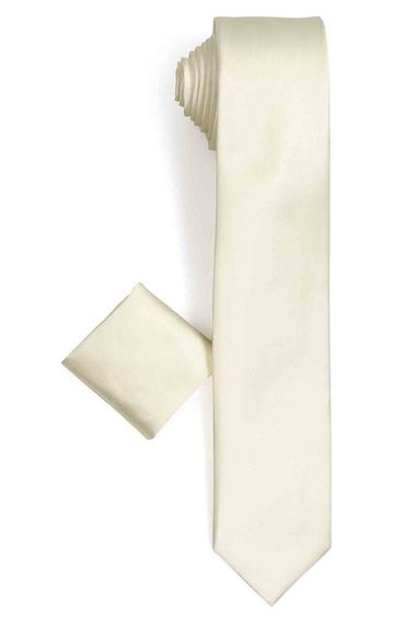 Мужской светло-бежевый узкий сатиновый галстук с платком, подарок - галстучная подвеска, ширина 5.7 см, длина 135 см, элегантный стиль