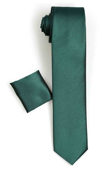 Erkek Zümrüt Yeşili Dar Kesim Saten Düz Mendilli Kravat