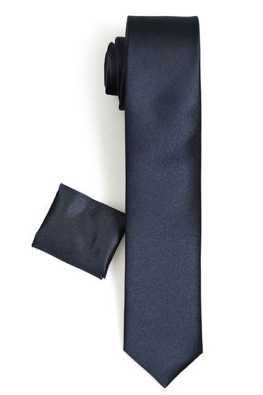 Men's Navy Blue Slim Fit Satin Straight Handkerchief Tie