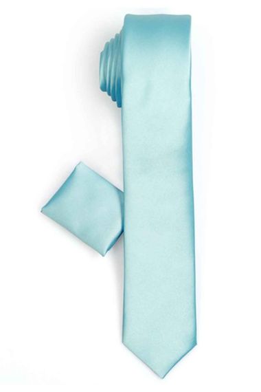 Чоловічий світло-блакитний вузький атласний крават та хустинка з подарунковою засувкою