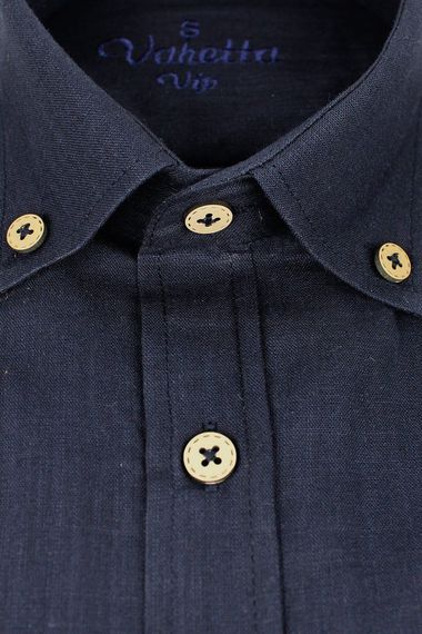 Erkek Lacivert Keten Klasik Kesim Kısa Kollu Gömlek - fotoğraf 2