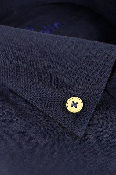 Erkek Lacivert Keten Klasik Kesim Kısa Kollu Gömlek - fotoğraf 3