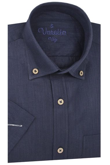 Erkek Lacivert Keten Klasik Kesim Kısa Kollu Gömlek - fotoğraf 4