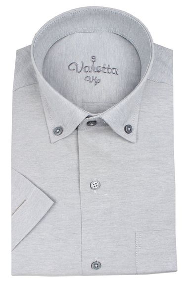 Varetta Erkek Gri Kısa Kol Klasik Kesim Yaka Düğmeli Pamuk Saten Gömlek - fotoğraf 1