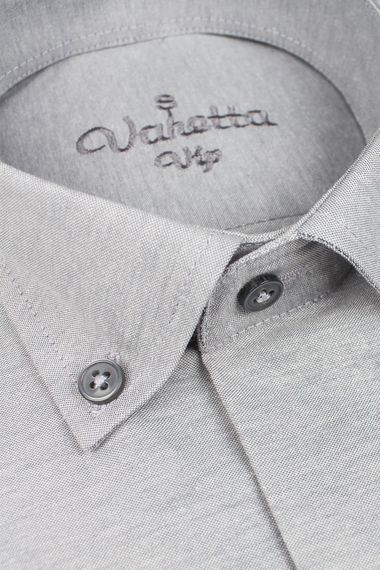 Varetta Erkek Gri Kısa Kol Klasik Kesim Yaka Düğmeli Pamuk Saten Gömlek - fotoğraf 4