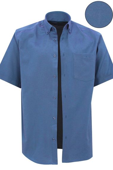 Erkek İndigo Kısa Kol Klasik Kesim Yaka Düğmeli Pamuk Saten Gömlek - fotoğraf 1