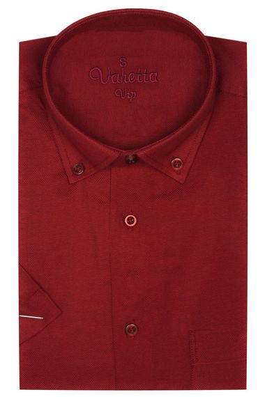 Men's Burgundy Short Sleeve Classic Cut Collar Buttoned Cotton Satin Shirt - photo 2