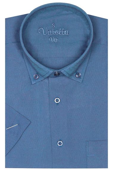 Erkek İndigo Kısa Kol Klasik Kesim Yaka Düğmeli Pamuk Saten Gömlek - fotoğraf 2