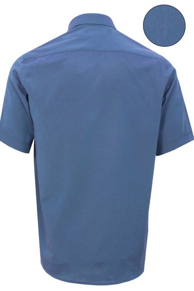 Erkek İndigo Kısa Kol Klasik Kesim Yaka Düğmeli Pamuk Saten Gömlek - fotoğraf 3