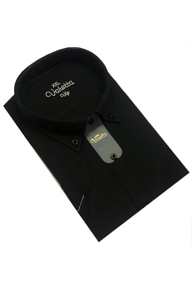 Erkek Siyah Kısa Kol Klasik Kesim Yaka Düğmeli Pamuk Saten Gömlek - fotoğraf 2