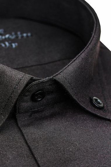 Erkek Siyah Kısa Kol Klasik Kesim Yaka Düğmeli Pamuk Saten Gömlek - fotoğraf 3