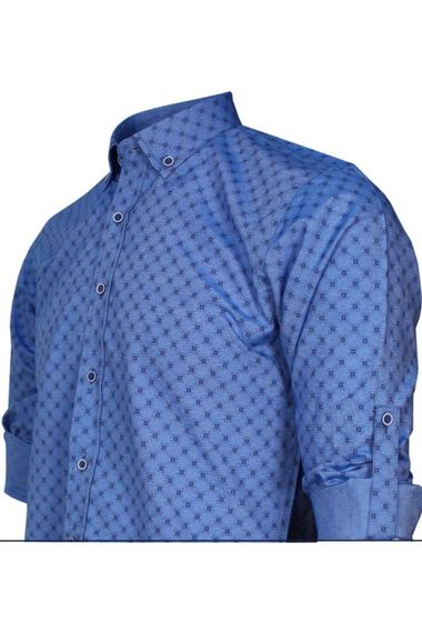 Erkek Slim Fit Koyu Mavi Desenli Erkek Gömlek - fotoğraf 3