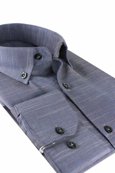 Varetta Erkek Koyu Mor Düz Uzun Kollu Pamuklu Keten Efektli Yaka Düğmeli Gömlek - fotoğraf 2