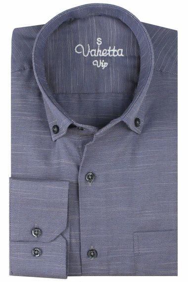 Varetta Erkek Koyu Mor Düz Uzun Kollu Pamuklu Keten Efektli Yaka Düğmeli Gömlek - fotoğraf 1