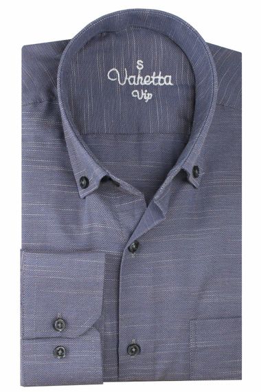 Varetta Erkek Koyu Mor Düz Uzun Kollu Pamuklu Keten Efektli Yaka Düğmeli Gömlek - fotoğraf 3