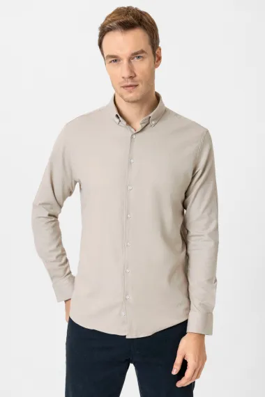 Рубашка с уголками Regular из крепированной ткани, 60% хлопок, 37% полиэстер, 3% эластан, цвет бежевый, размеры XL, L, M, XXL - фото 1