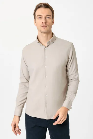 Рубашка с уголками Regular из крепированной ткани, 60% хлопок, 37% полиэстер, 3% эластан, цвет бежевый, размеры XL, L, M, XXL - фото 2