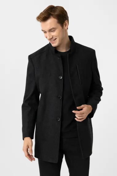 Кабан з високим коміром, регулярний крій, візерунок, 60% поліестер, 30% вовна, 10% віскоза, чорний, розміри 52-60 - фото 2