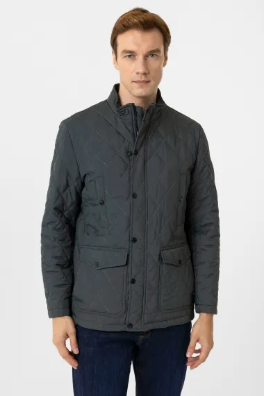 Узкая куртка из стеганого материала, 100% полиэстер, модель с воротником, цвет: хаки, размеры: 52-58 - фото 1