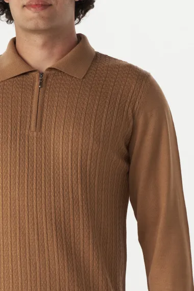 Регулярный пуловер с воротником-поло, армированная ткань, 90% акрил, 10% шерсть, цвет бежевый, размеры XL, L, M, XXL - фото 3