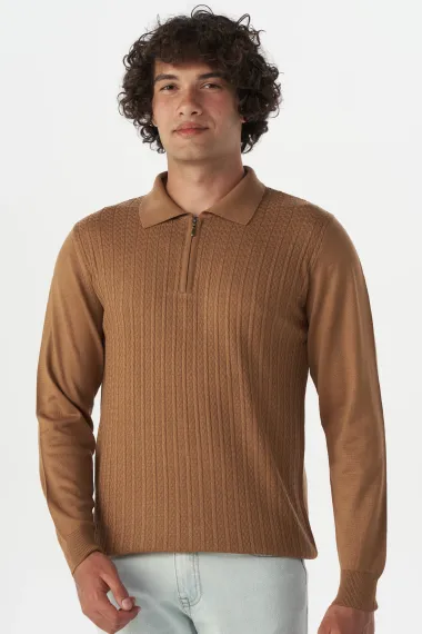 Регулярный пуловер с воротником-поло, армированная ткань, 90% акрил, 10% шерсть, цвет бежевый, размеры XL, L, M, XXL - фото 1