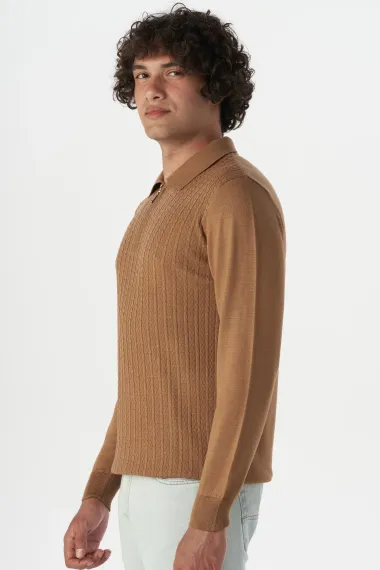 Регулярный пуловер с воротником-поло, армированная ткань, 90% акрил, 10% шерсть, цвет бежевый, размеры XL, L, M, XXL - фото 4