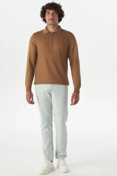 Регулярный пуловер с воротником-поло, армированная ткань, 90% акрил, 10% шерсть, цвет бежевый, размеры XL, L, M, XXL - фото 5