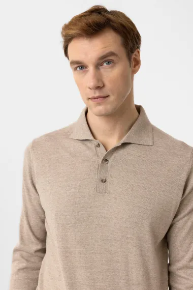 تيشيرت بولو ياقه عادي مصنوع من القطن، 90% أكريليك و10% صوف، متوفر بلون بيج وأحجام XL، L، M، XXL - صورة 5