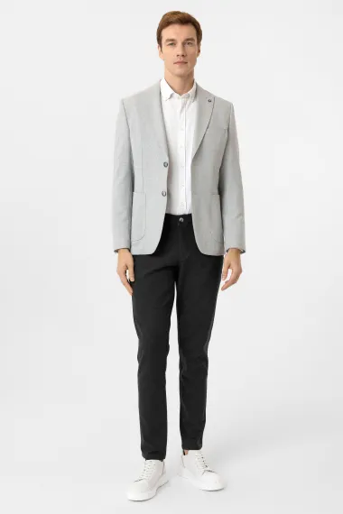 Узкий жакет серого цвета с двумя пуговицами, боковыми карманами и острым воротником, классический крой из хлопка, Турция - фото 2