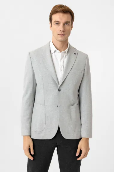 Узкий жакет серого цвета с двумя пуговицами, боковыми карманами и острым воротником, классический крой из хлопка, Турция - фото 1