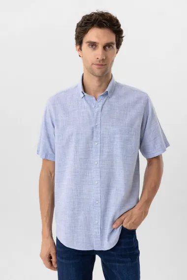 Синя класична сорочка короткого рукава з 100% бавовни, регулярний крій, бізнес-кежуал стиль, доступні розміри: M, L, XL, XXL, 3XL - фото 1
