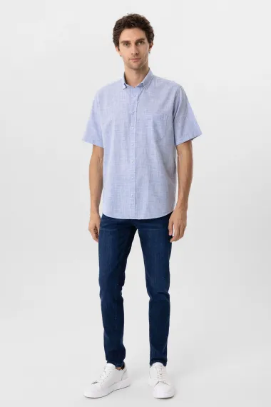 Синя класична сорочка короткого рукава з 100% бавовни, регулярний крій, бізнес-кежуал стиль, доступні розміри: M, L, XL, XXL, 3XL - фото 4