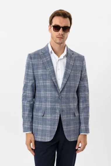 Пиджак с регулярным кроем, узорчатый, бизнес-кэжуал, цвет синий, ткани: полиэстер, вискоза, хлопок, страничные карманы, клапаны - фото 1