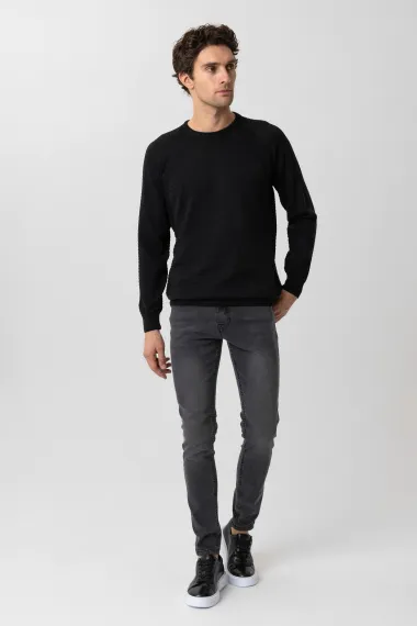 Трикотажный свитер с круглыми вырезами, ригельным узором, 50% хлопок, 50% акрил, цвет темно-синий, размеры XL, L, M, XXL - фото 3