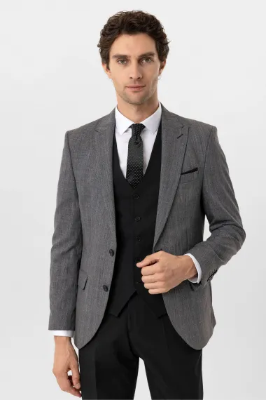 بدلة رسمية بقصة ضيقة بتصميم مخطط مع سترة، مصنوعة من 71% بوليستر و27% فيسكوز، تتوفر بأحجام مختلفة ولون أسود - صورة 3