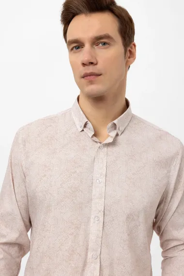 Сорочка зі стильною манжетою, приталена, з бежевим кольором та тканини поліестер-котон, для бізнес-кежуал образу - фото 4