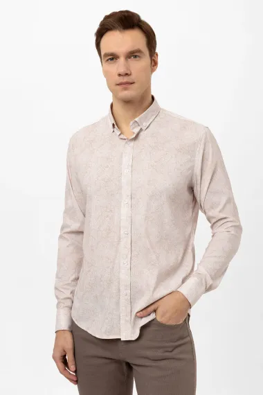 Сорочка зі стильною манжетою, приталена, з бежевим кольором та тканини поліестер-котон, для бізнес-кежуал образу - фото 3